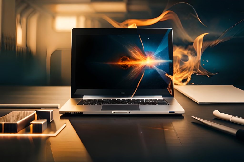 Laptop with a broken screen that is on fire